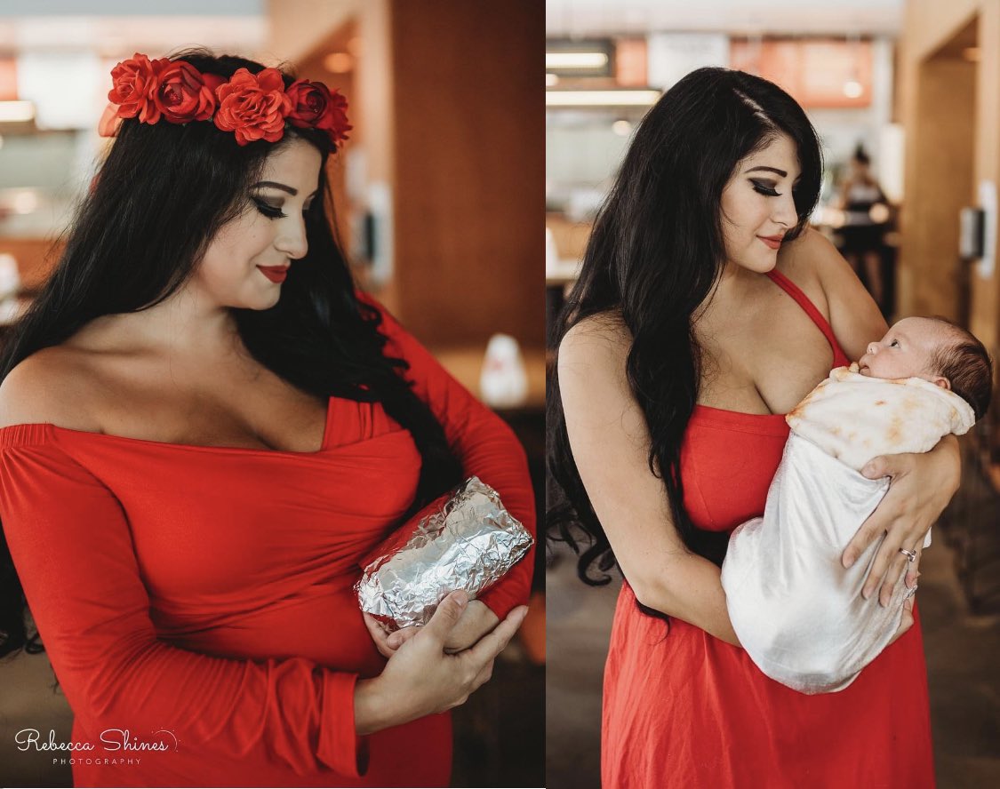 ThatJordanLGirl's tweet photo. Hey @ChipotleTweets! My burrito baby was born and we naturally had to recreate our viral maternity images for his newborn session❤️ Thank you so much for the adorable merch you sent us, it really made the shoot that much more amazing🌯 Love you forever💋 https://t.co/RPODrML9nd