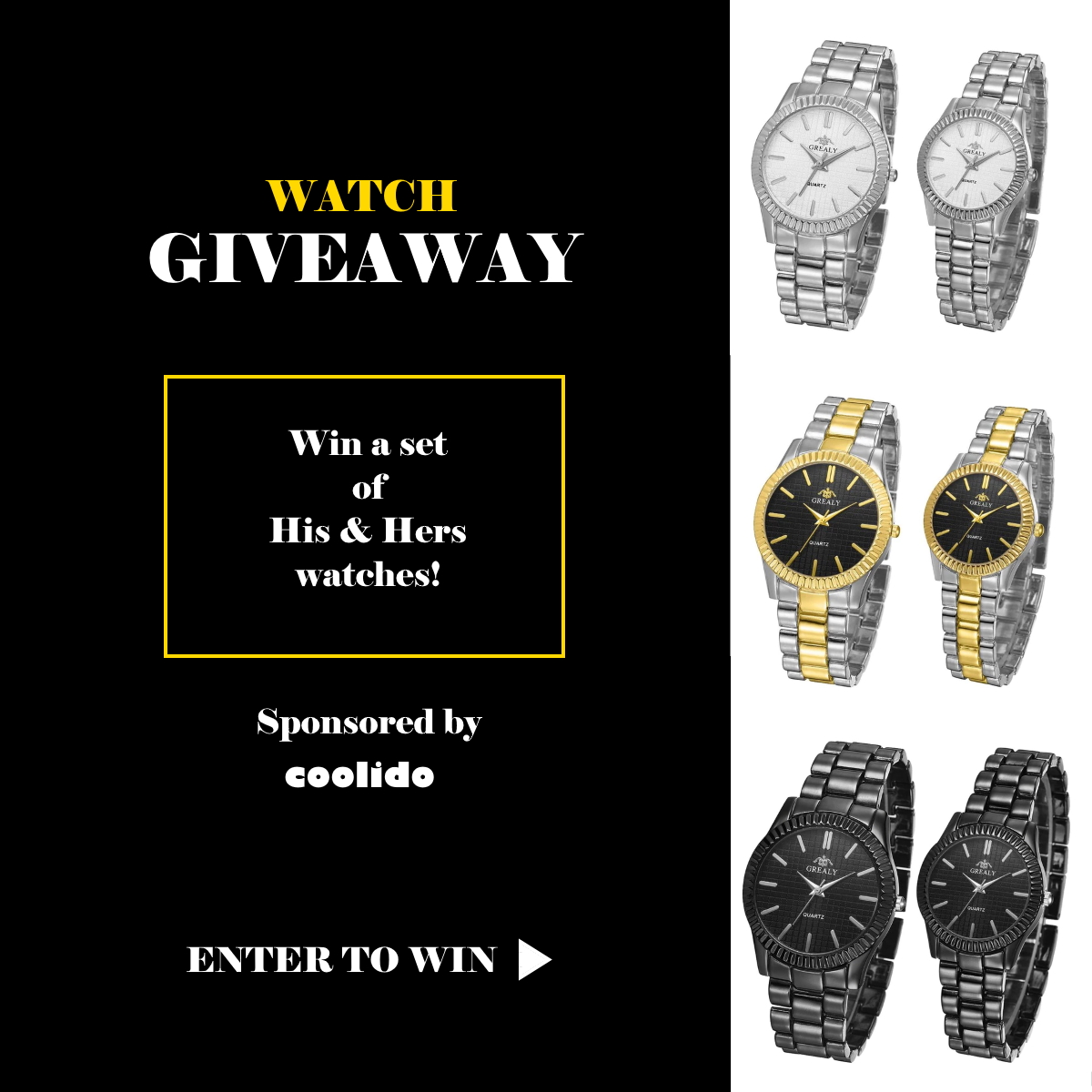 CoolidoShop's tweet photo. 🎉New Giveaway Starting now!🎉

Enter by clicking the link for a chance to win 1 of 3 sets of His &amp; Hers watches: https://t.co/rdTiG973Ip

The Giveaway ends on Sept. 12, 2020 at 11:59AM EST. 

#coolidogiveaway #giveaway #giveawayalert #SweepstakesEntry #sweepstakes https://t.co/k0JOFYHJMF
