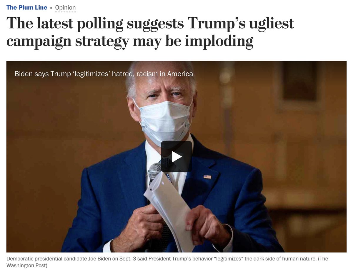 Last week, following heavy press coverage of vigilante violence at protests, several analyses relied in part on my research to suggest Biden was likely to take a hit. A compelling new piece from  @ThePlumLineGS shows that hasn’t happened. Why might that be? https://www.washingtonpost.com/opinions/2020/09/04/latest-polling-suggests-trumps-campaign-strategy-may-be-imploding/