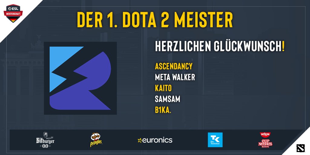 Herzlichen Glückwunsch, <a href="/gaming_recast/">Recast Gaming</a>! 👏👏👏

Ihr seid der erste #Dota2 Gewinner der #ESLMeisterschaft! 🎇🏆🎇