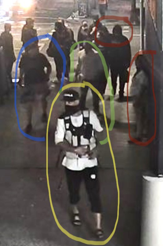 The gang’s all here. This Portland killing of Aaron Danielson is looking more & more like a well planned hit by a group. 1st pic shows: lookouts in red circles, victim(Aaron Danielson) in blue, friend of victim(Pappas) in green, Michael Reinoehl the shooter in yellow.