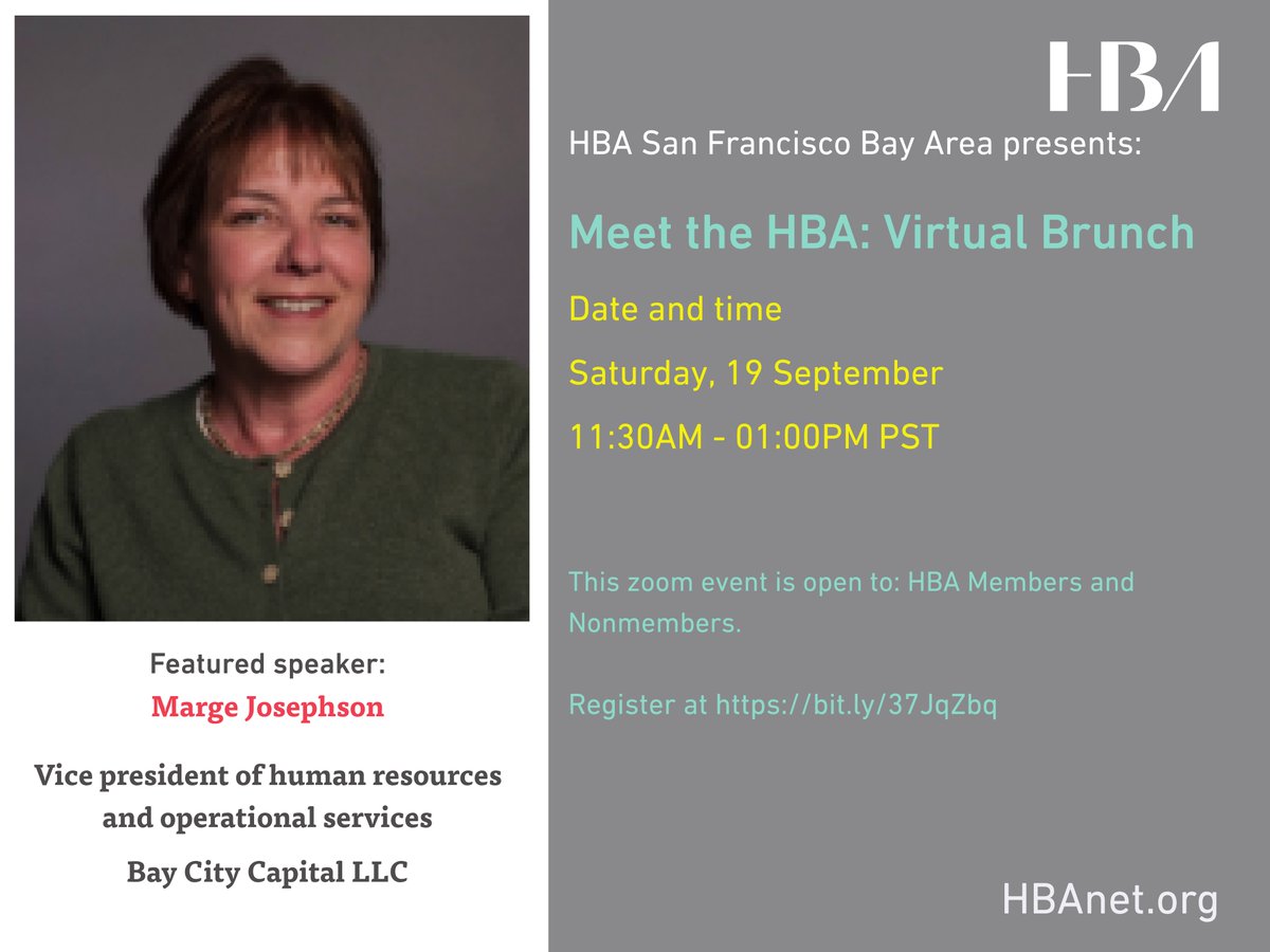 HBAPacific's tweet photo. Join other like-minded professionals in the Bay Area for a video conference brunch/happy hour, where we'll share our experiences, frustrations, and successes in an intimate online setting. Register: https://t.co/NKkbTGVzj7 #HBASF #HBAimpact #4GenParity https://t.co/Z8RenllkaU