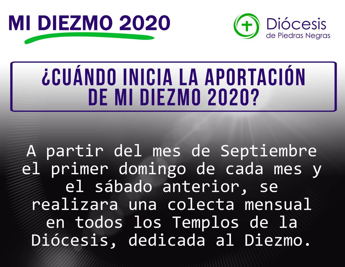 DiocesisPN's tweet photo. ¿CUÁNDO INICIA LA APORTACIÓN DE MI DIEZMO 2020?
A partir de este mes de Septiembre el primer domingo de cada mes y el sábado anterior, se realizara una colecta mensual en todos los Templos de la Diócesis, dedicada al Diezmo. https://t.co/GMD8ffKiLa