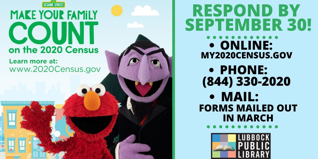 lubbocklibrary's tweet photo. The Census deadline is almost here! Be sure to fill out the Census by phone, mail or online by September 30! The Census plays an important role in determining funding for our communities, including libraries!
#countonlibraries #2020census #shapeyourfuture #makeyourfamilycount https://t.co/kIhh5cqHUD