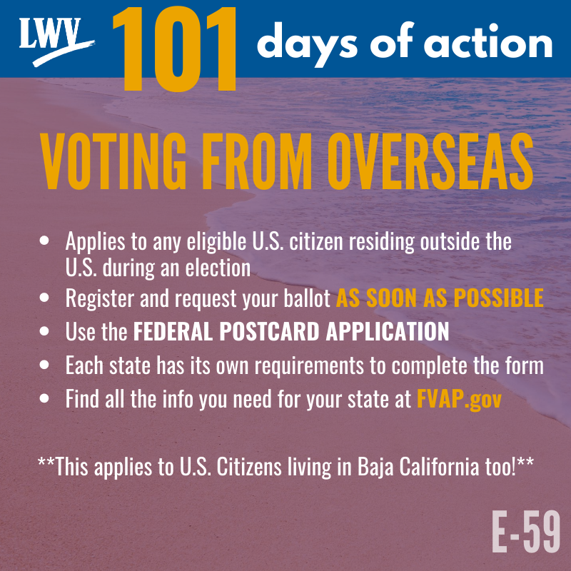 LWVSD's tweet photo. If you #LiveAbroad, are a #USCitizen, &amp; 18+, most likely you are eligible to #VOTE even if you never lived in the #UnitedStates. Find out details at https://t.co/moZQ5vgntF. Register &amp; request your ballot ASAP! #OverseasVoters #VoteFromAbroad #101DaysofLWVAction #2020Election https://t.co/SFC8ix3Mxz