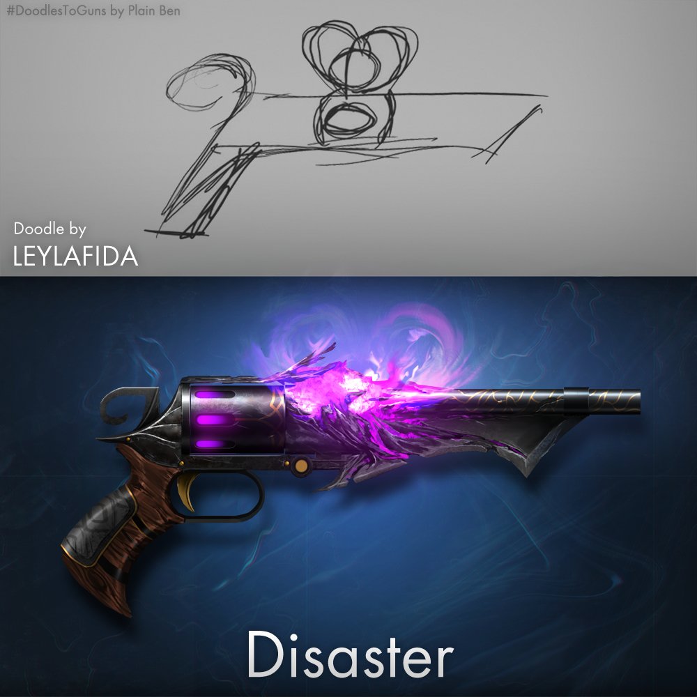 PlainBen's tweet photo. End results of the #DoodlesToGuns sketches sent in by @JellyWaffle_ and @Leylafida! Mostly painted up on stream last night. https://t.co/gSIOaEHa7L
