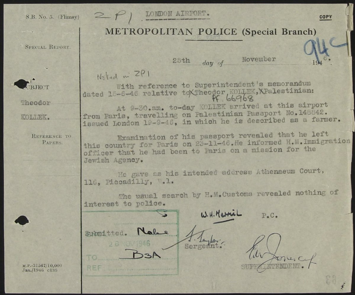 Like Eban, Special Branch "discreetly" searched Kollek's luggage when entering & leaving the UK. Observation reports were sent from SB to MI5 on any info picked up from him.See below example of entering the UK.