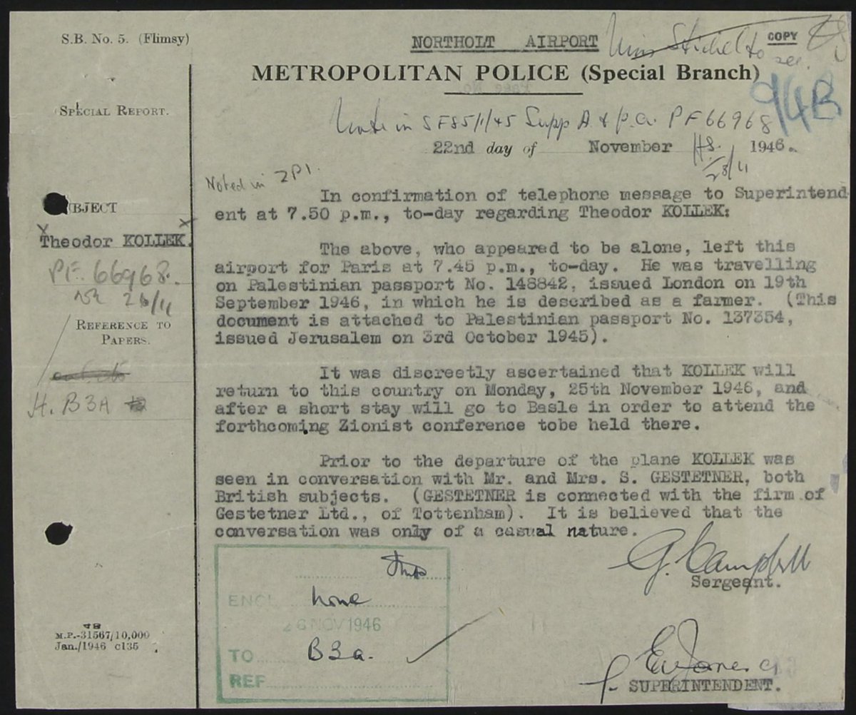 These reports come in pretty handy now. Note the report that "Kollek was seen in conversation with Mr & Mrs S Gestetner...it is believed that the conversation was only of a casual nature."Hmmm not so sure