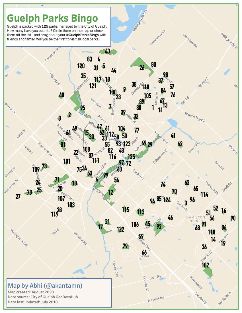  #Thread I've started running - and to give myself some concrete milestones I made a high quality printable map of all 125 of  @cityofguelph's parks.  #GuelphParksChallenge: orto all 125  #Guelph parks this September. Get your own map+list free here :  http://bit.ly/GuelphParksBingo