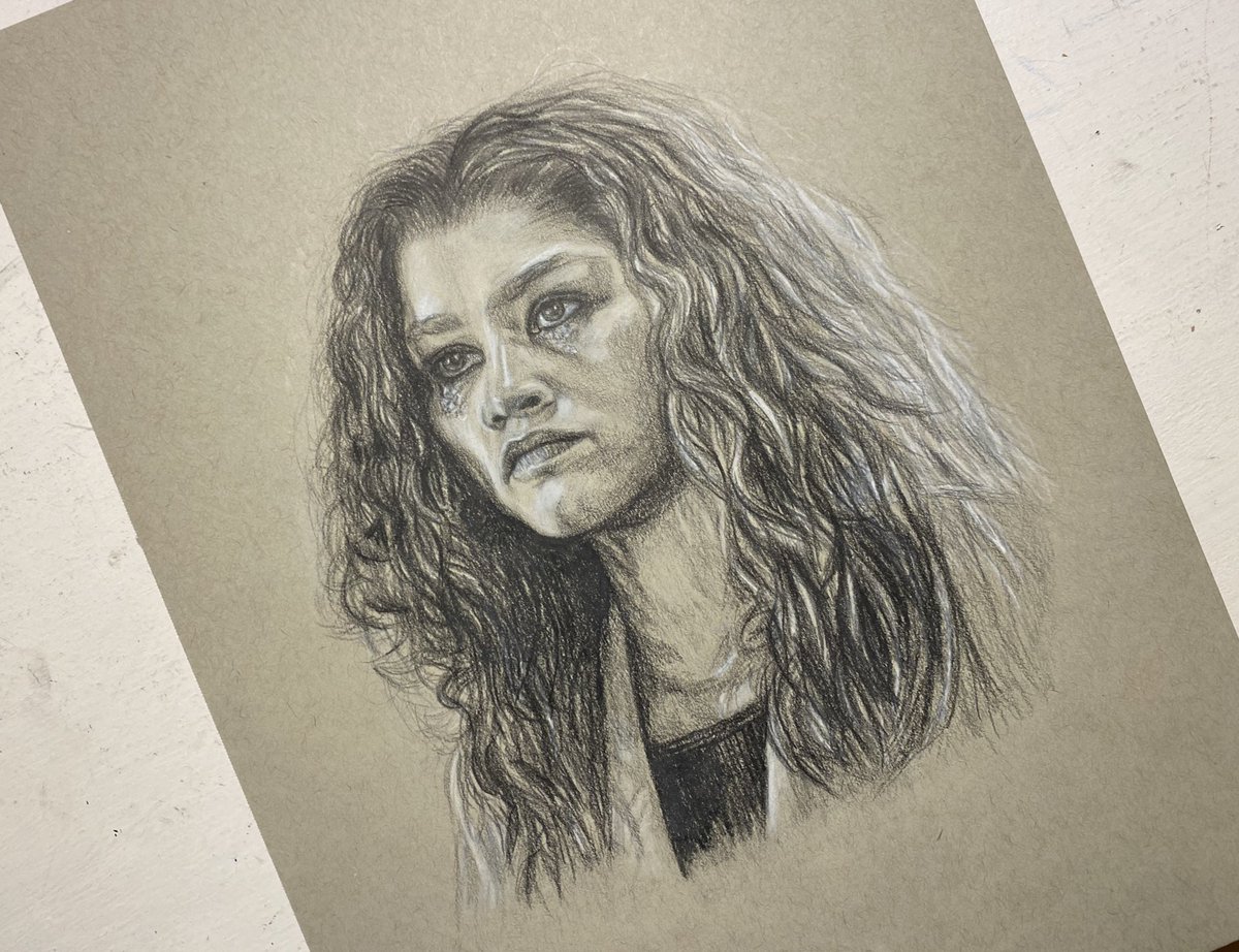 zendaya euphoria black and white colored pencil drawing original - 90$print - $20