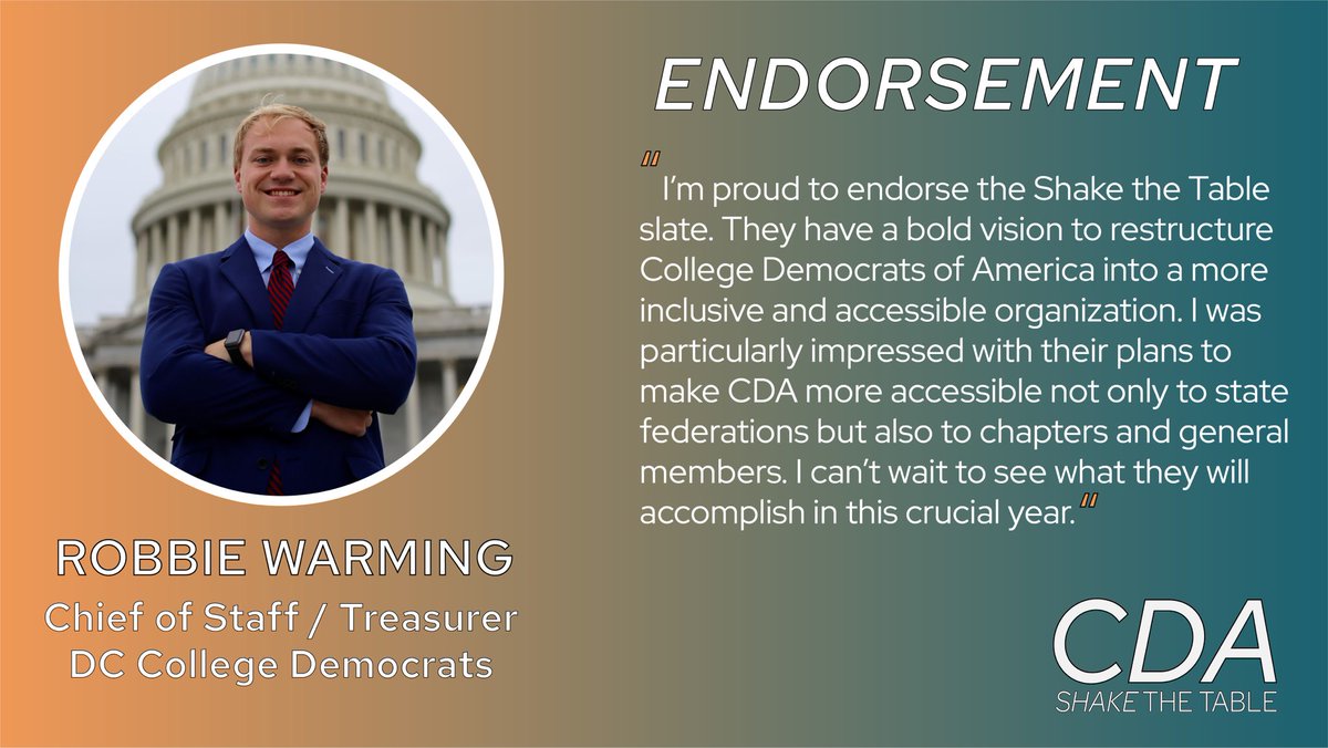 CDASTT's tweet photo. STT Endorsement: Robbie Warming, Chief if Staff/Treasurer - @RobbieWarming @dccollegedems
#CDAShaketheTable https://t.co/yUoCGmVuLd