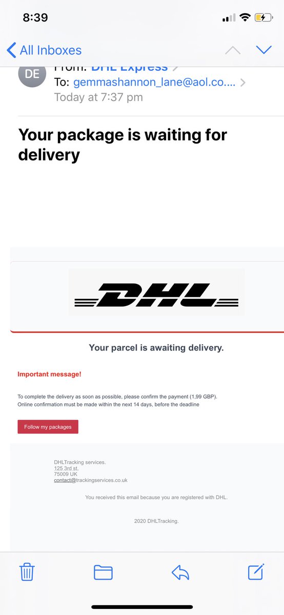 Gemmashannon___'s tweet photo. @dhlexpressuk hi, am I able to confirm this is a legitimate email from you before I click on the link? Thanks https://t.co/Thc7ELJfPv