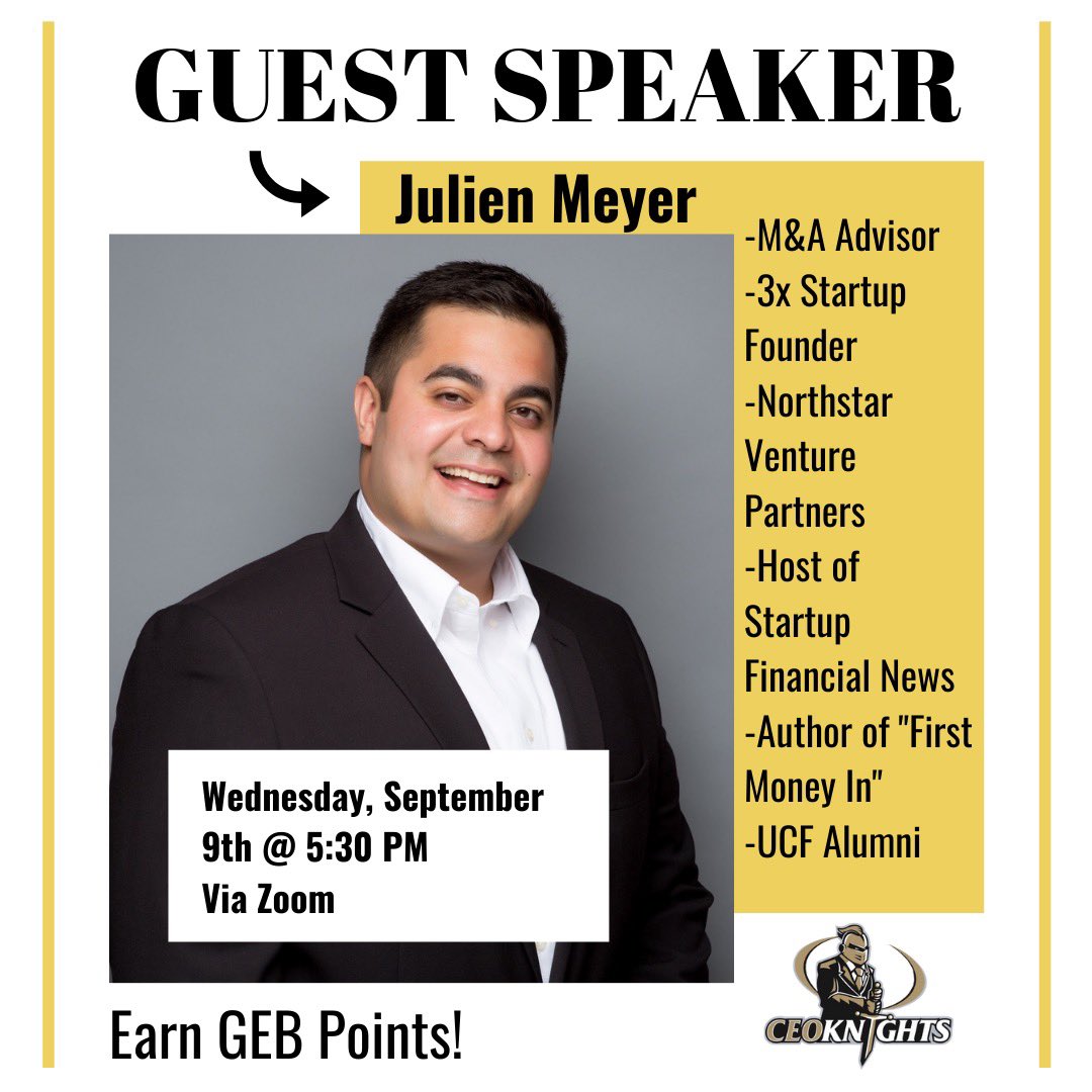 CEOKnights's tweet photo. Our first speakers session of the semester will be next Wednesday at 5:30 PM with Julien Meyer! He will be telling us about his experience as an entrepreneur. You can also ask him any questions!
Earn GEB points! 👏
Stay tuned for a Zoom link.
We hope to see you there! https://t.co/IKyPOvBRnx