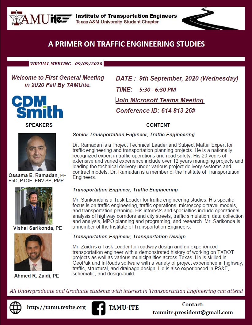 TAMUite (@itetamu) on Twitter photo Join us for a general meeting on Sep 9th at 5:30 pm with three professionals from CDM Smith.They will provide A Primer on Traffic Engineering Studies.
JOIN BY Microsoft Team Meeting:
l.facebook.com/l.php?u=https%…
Conference ID: 614 813 26#
<a href="/TAMUCVEN/">TAMU Civil & Environmental Engineering</a>
<a href="/TAMUEngineering/">TAMU Engineering</a> Join us for a general meeting on Sep 9th at 5:30 pm with three professionals from CDM Smith.They will provide A Primer on Traffic Engineering Studies.
JOIN BY Microsoft Team Meeting:
l.facebook.com/l.php?u=https%…
Conference ID: 614 813 26#
<a href="/TAMUCVEN/">TAMU Civil & Environmental Engineering</a>
<a href="/TAMUEngineering/">TAMU Engineering</a>