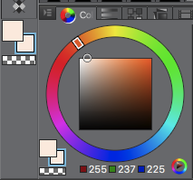 on the left side are the colors for skin i typically choose. how i chose the base color is that i chose an orange color with a white tint (tint is when you add white to a color). then for the first shade color, i move the color wheel cursor towards the red, and then i move the +