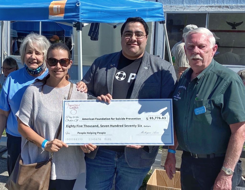 AFSPMichigan's tweet photo. A HUGE thank you to the Michigan Fraternal Order of Eagles for their incredibly generous donation!!! We were chosen as their charity partner for the last year and they raised over $85,000 to support our mission and #MIExperience!
#TogetherToFightSuicide https://t.co/MzvEkipi00