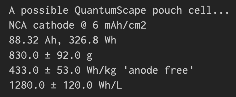 P.S.; 480 Wh/kg could be achievable with some very thick electrodes and some very thin (~10 µm) electrolytes, and some optimism about minimising the amount of LLZO in the electrode. Plausible, maybe, but surely very very hard to achieve