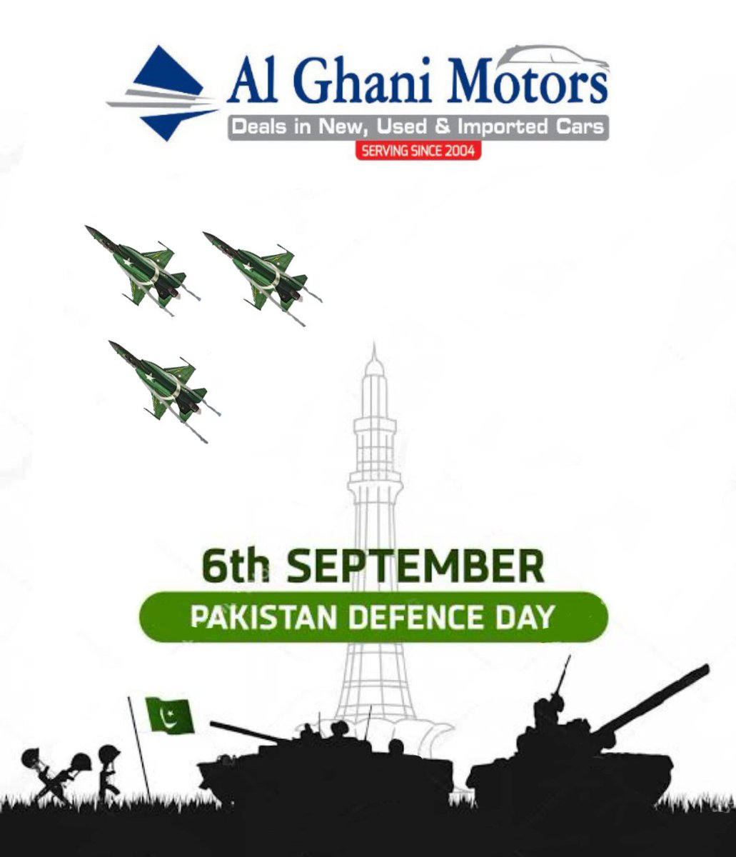 AlGhaniMotors's tweet photo. "𝐓𝐡𝐞𝐫𝐞 𝐢𝐬 𝐧𝐨 𝐩𝐨𝐰𝐞𝐫 𝐨𝐧 𝐞𝐚𝐫𝐭𝐡 𝐭𝐡𝐚𝐭 𝐜𝐚𝐧 𝐮𝐧𝐝𝐨 𝐏𝐚𝐤𝐢𝐬𝐭𝐚𝐧" (𝐐𝐮𝐚𝐢𝐝-𝐞-𝐀𝐳𝐚𝐦 𝐌𝐮𝐡𝐚𝐦𝐦𝐚𝐝 𝐀𝐥𝐢 𝐉𝐢𝐧𝐧𝐚𝐡)
Happy Defence Day.
#happydefenceday🇵🇰 #Pakistan #6thseptember2020 #ALGHANIMOTORS #KARACHI https://t.co/7mnUeOv0RZ