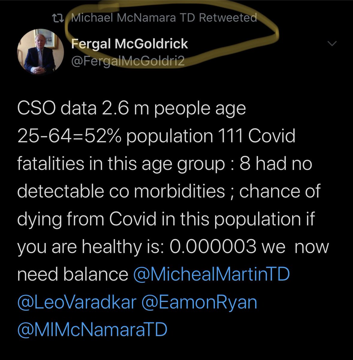 TD McNamara going all on on the more extreme end of the denialism. Expressing risk as a percent of the entire population rather than those infected is pure bullshit even leaving aside the way exactly are you proposing for the old & those with underlying conditions