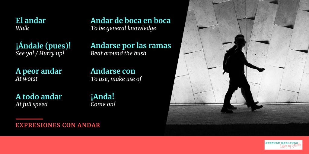 AprendeHablando's tweet photo. ¡Andando! que aún queda mucho por aprender.
Aquí te mostramos algunos usos que se le dan a "andar".
🚶
#AprendeHablando #LearnSpanish #PracticaEspañol #LearnBySpeaking https://t.co/jp2Wzfzzx2