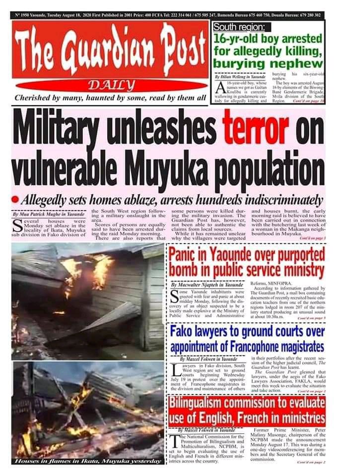 YoungYoleaf's tweet photo. Men and boys are being massacred, women and girls kidnapped and raped, innocent children burnt to death;😭😭😭😭😭😭
Thousands made homeless and yet this has not caught your attention?
#UN
#AU
#Peace4Cameroon
#OneCameroon #OnePeople
#YOLEAF2020 https://t.co/RNf5F7rrwZ