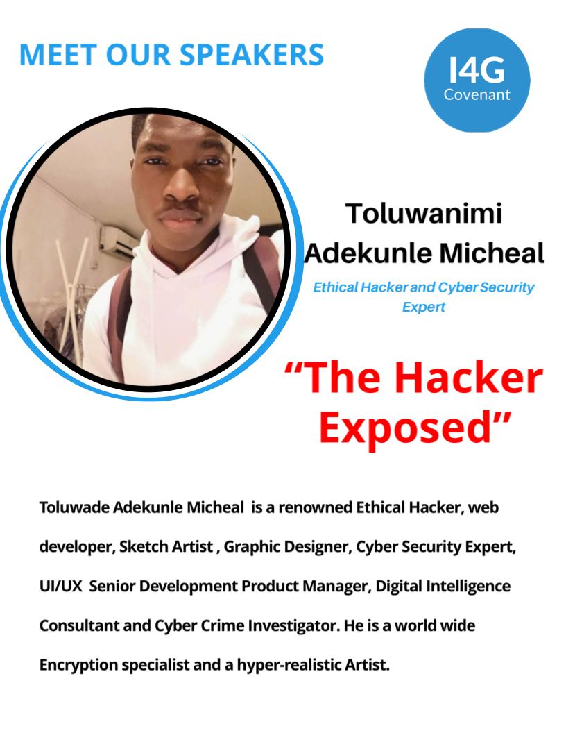 CovenantI4G's tweet photo. The Hacker Exposed?  Click the link - https://t.co/cWm7oBCXr7 and Join us a as @tolu_wade  joins us at I4GCovenant. It's sure to be a blast. @EbukaMic @mesoblow @this_haneefah @idiagbordarrel @detunjisamuel @Jerry_ojay  @Steve_Oluwatobi https://t.co/YephXXaD8k