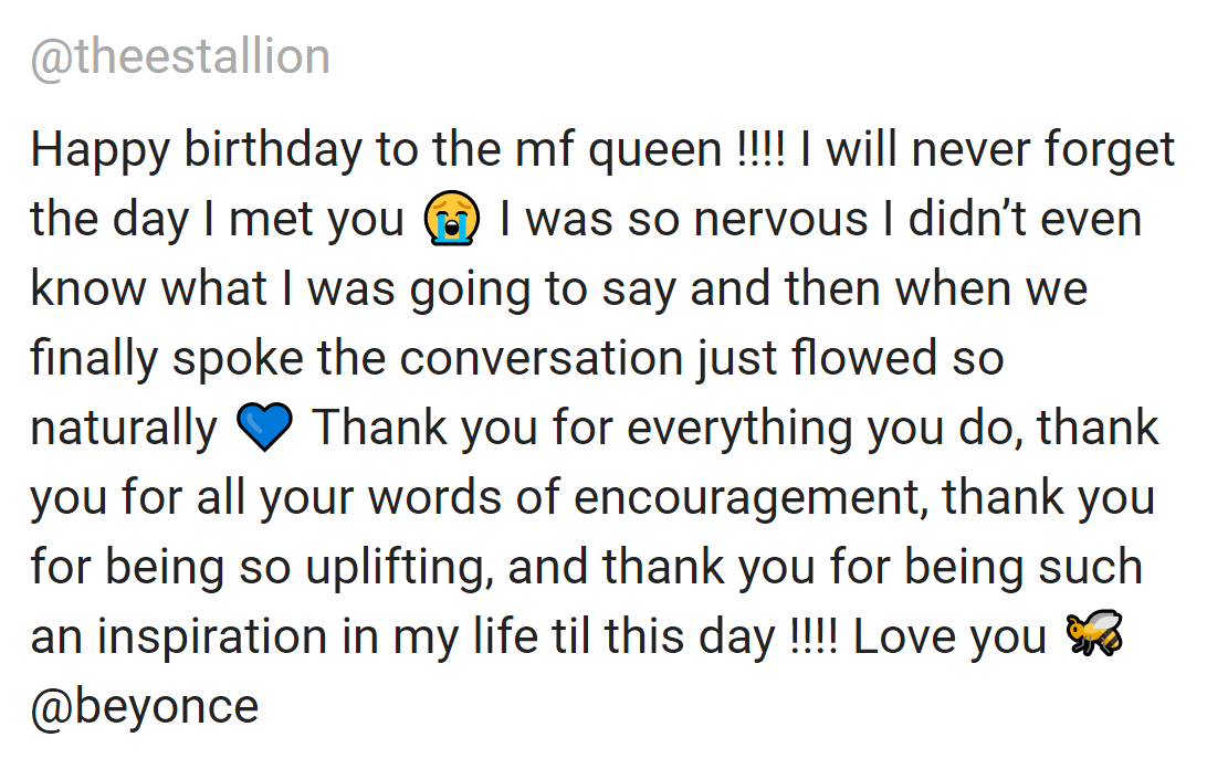 BeyLegion's tweet photo. .@theestallion's message to Beyoncé in honor of her 39th birthday. 💖

#BeyDay https://t.co/444l5dAeuP