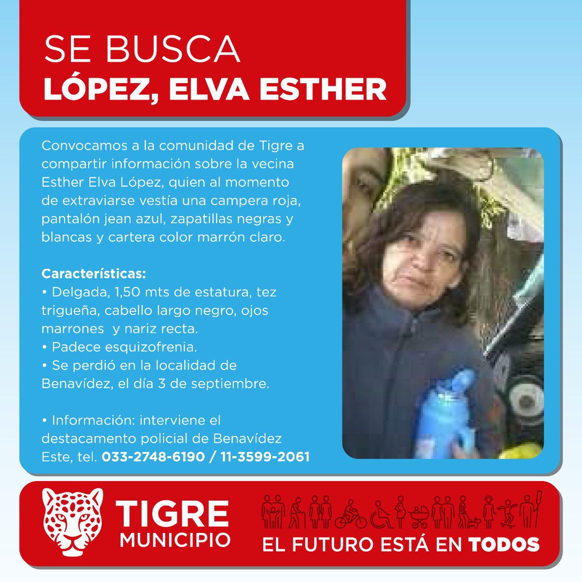 MunicipioTigre's tweet photo. #Importante - Pedimos colaboración a la comunidad de Tigre para la búsqueda de Elva Esther López. Se perdió en Benavídez el 3 de septiembre. Cualquier información puede ser brindada llamando al 033-2748-6190 / 11-3599-2061. https://t.co/ppGXgSFVyX