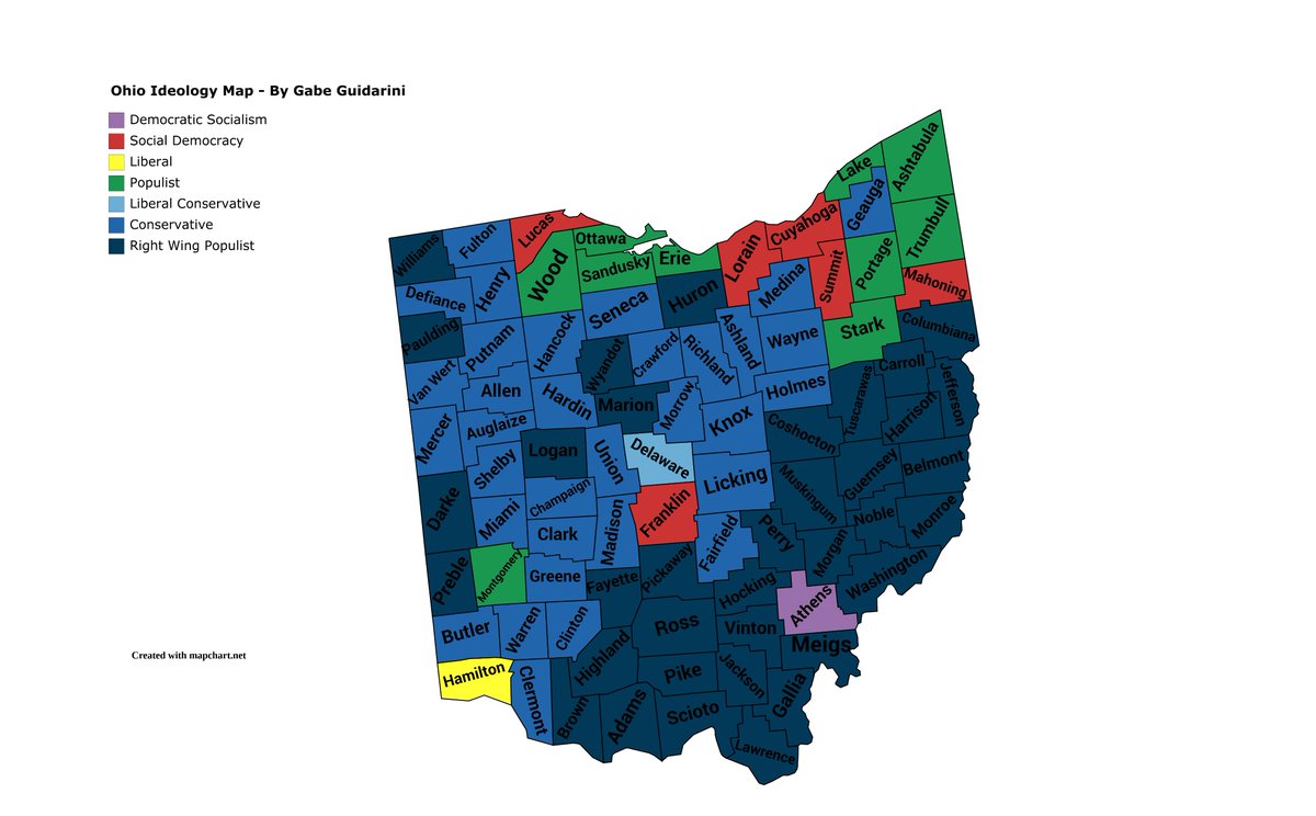 The state ideology map series continues! Here's Ohio. This state was once the most well known swing state, having decided the 2004 election. Now, it's arguable that Ohio isn't even a swing state at all. With the GOP's trend towards populism, the state is barely competitive now.