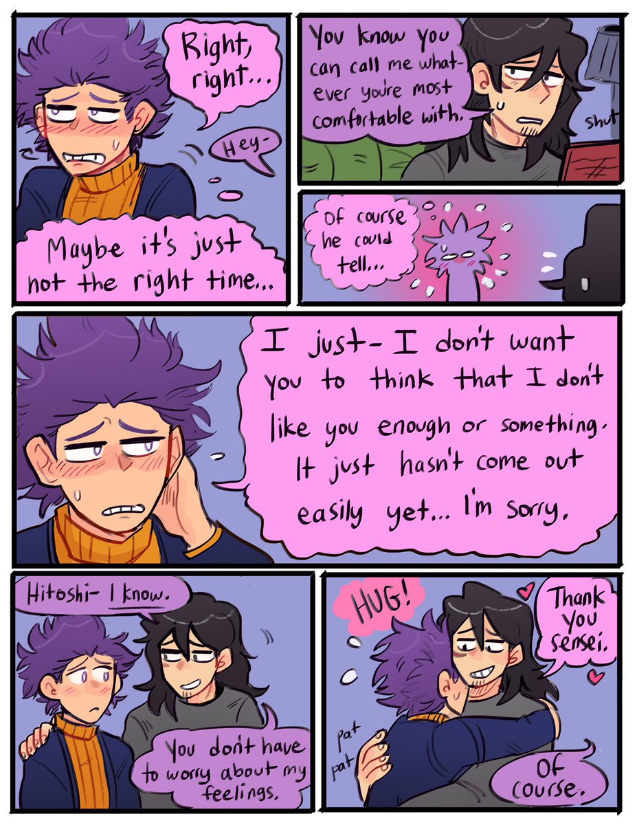 A short shinson comic! I drew this based off of my hc that early on he has a bit of trouble calling Aizawa `dad'.  

#dadzawa #bnha 