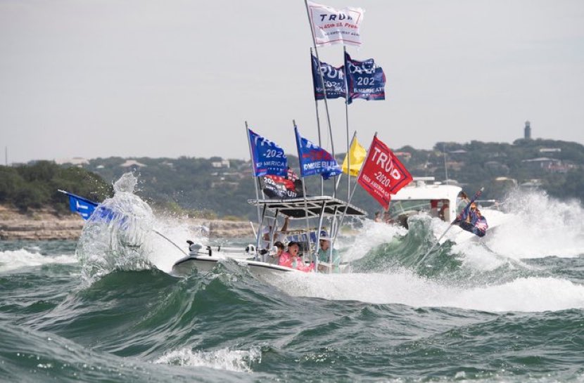 casinclair's tweet photo. Storm creates chaos as large trump boats sink small trump boats is the late capitalism metaphor you we’re looking for. 

Also whoever came up with the #dumbkirk hashtag is mean. funny but mean. https://t.co/RgAKCvaAsi