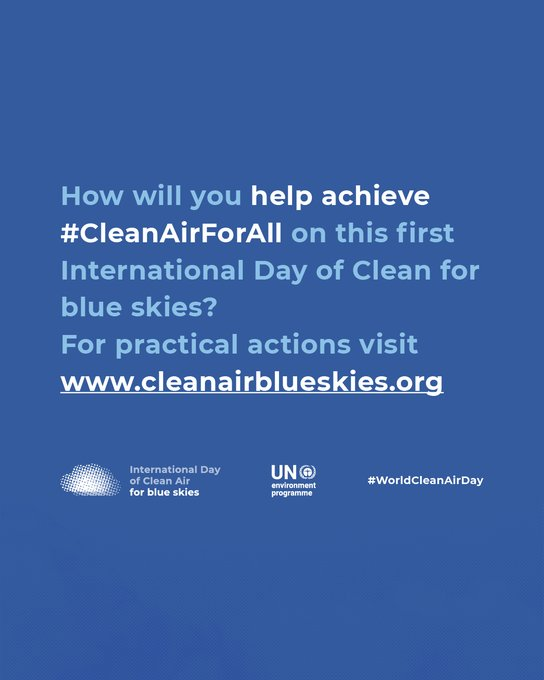 UN_Nigeria's tweet photo. #DYK that air pollution is now the greatest environmental threat to health?
On Monday 7 September the world will join together to mark the 1st @UN's Int'l Day of Clean Air for blue skies with the theme "Clean Air for All". 
Act now. #CleanAirForAll  
 https://t.co/PRNZdzH5Ca https://t.co/IxxE5kSgY6