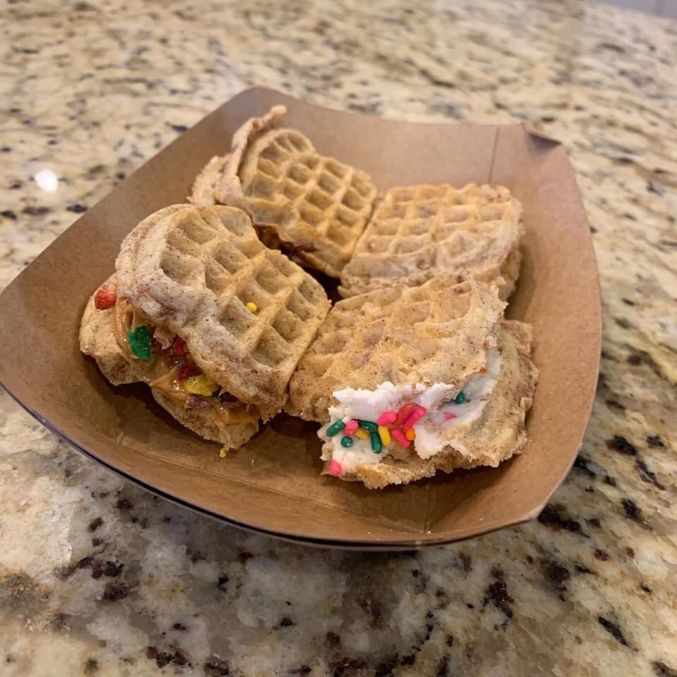 We started with Breakfast: Waffle sandwiches  and “Breakfast Pronto Pups” (Deep Fried Sausage in Pancake batter). (Note the fair-style trays and dipping cups)Did I mention all food is deep fried and/or on a stick?!?