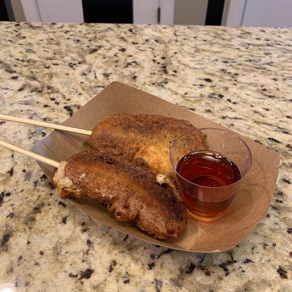 We started with Breakfast: Waffle sandwiches  and “Breakfast Pronto Pups” (Deep Fried Sausage in Pancake batter). (Note the fair-style trays and dipping cups)Did I mention all food is deep fried and/or on a stick?!?