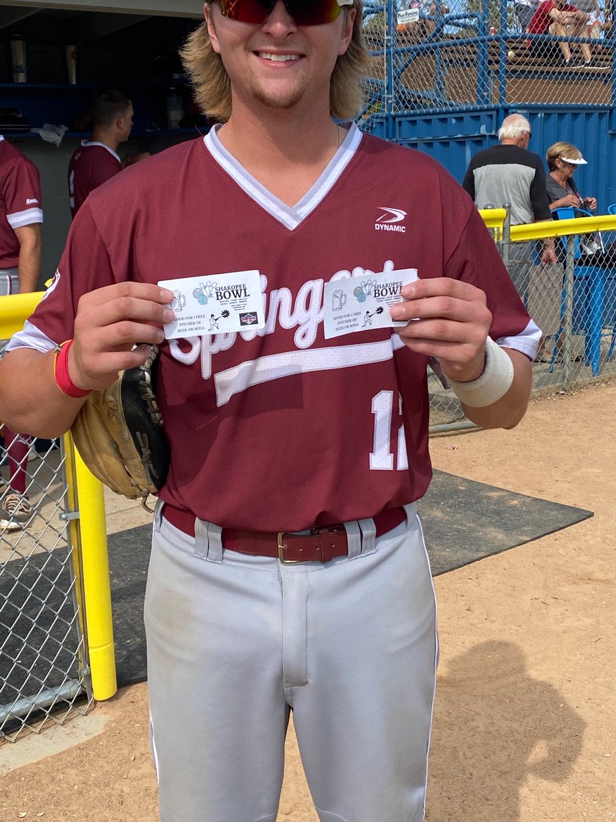 JSchlepStadium's tweet photo. Jordan Barth from ⁦@csspringers⁩ w/2 bombas to lift CS to a 7-2 victory over Miesville! Jordan gets 2 pitchers of pop/beer from ⁦@BowlShakopee⁩, &amp; Shako HS Baseball Boosters get another $50 x 2 ($100!) from The Bowl! Apparently Jordan’s head got 2 big 4 the photo! ;) https://t.co/2E7PmstauT