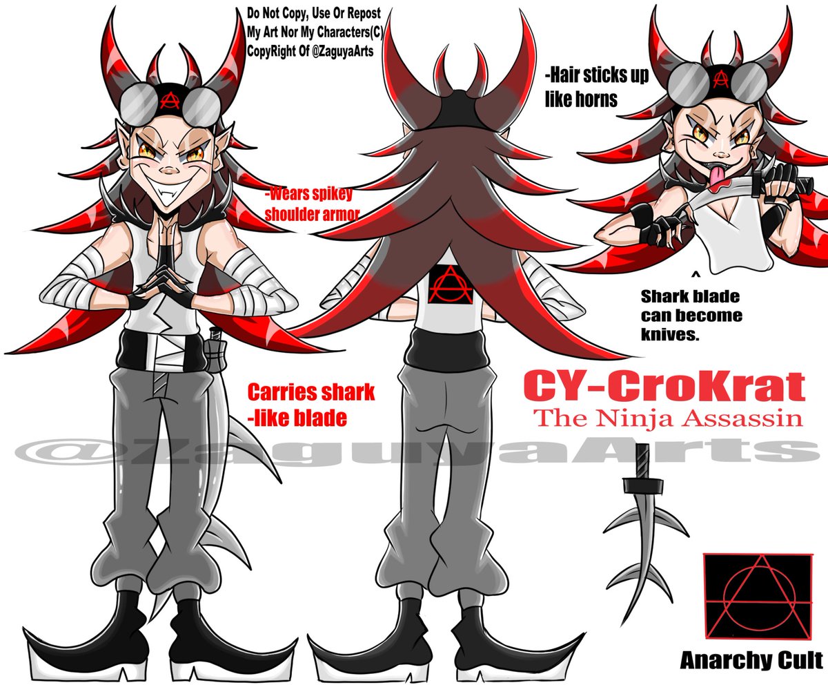 ZaguyaA's tweet photo. Another oc of mine. This is my ninja Assassin Cy-CroKrat. He is apart of the Anarchy cult, he's the arch enemy of BeezalBob and the mate of EmoGothica. 💖🔪 #myart #characterdesign #Characterrefrence #mangaart #animeart #illustration #comicartist #Cartoonist #Cartoonart #art https://t.co/d8HZWVUfE6