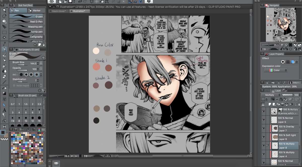 on another multiply layer (place this under your color correcting layers) put some shade where his bangs are. then use the smooth watercolor tool to make the shade more even