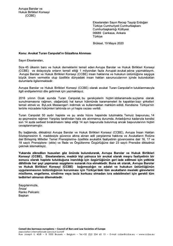 Sesimizi duyup destek olan Uluslarası avukat örgütlerinin NeİşiVar Hapiste meslektaşımız diye sorarken; Kendi ülkemizde <a href="/barolar/">Türkiye Barolar Birliği</a>, <a href="/malatyabarosu/">MALATYA BARO BAŞKANLIĞI</a> ve <a href="/AvEnverHan/">ENVER HAN</a>  sessizce seyirci kalması...
Av. Turan Canpolat için Cumhurbaşkanlığına yazılan 
mektubun İngilizce ve Türkçesi
👇🏻👇🏻