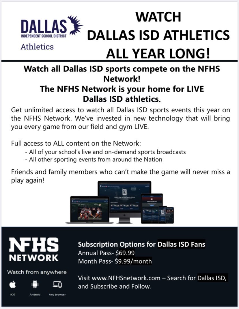 dallasathletics's tweet photo. Thanks to the @NFHSNetwork, you may now watch @dallasschools HS and MS basketball, football, soccer, and volleyball events scheduled at our central site stadiums and fieldhouses live. https://t.co/ljMcpjH6S6