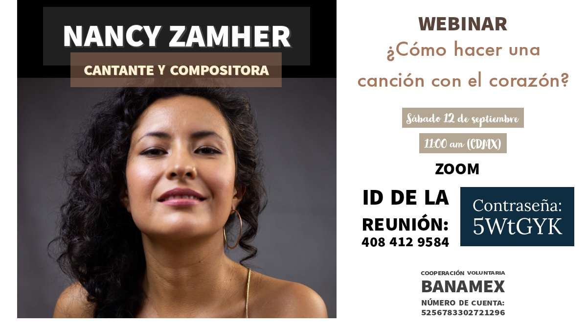 AugustoProcoro's tweet image. Es para mí un placer invitarlos a este webinar en el que tendremos como invitada especial a @NancyZamher quien nos compartirá sobre el proceso para hacer una canción con el corazón. Ritmos, raíces, identidad y autenticidad nos esperan.