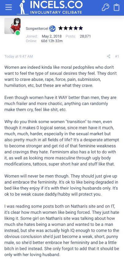 / rape, pedophilia, stalking, transphobia--subscribing to incel mentality is more than holding misogynist viewpoints—much of it is inherently violent. heres a few screenshots i swiped directly from r/incelsinaction