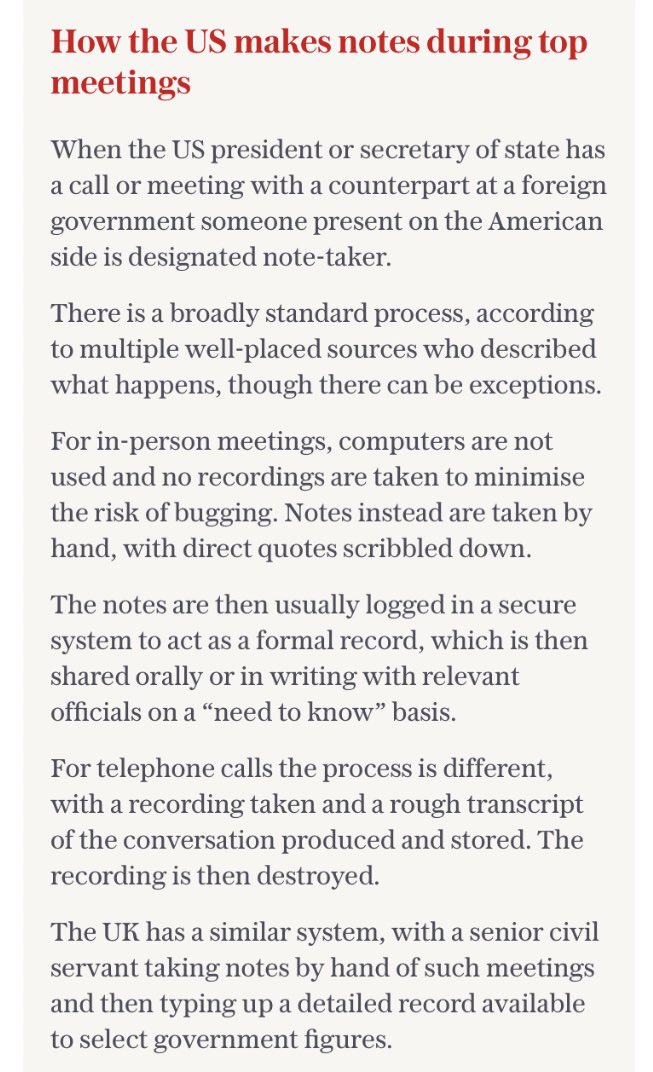 One other bit of context. This, per numerous sources, is how US officials take notes in such meetings.Someone is designated note-taker. And for in-person meetings, notes are taken by hand, writing down direct quotes.