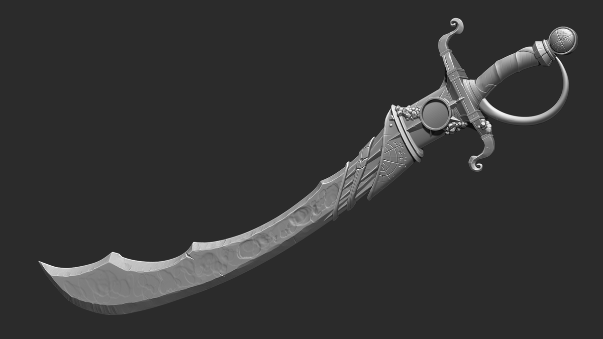 MikeKennedyArt's tweet photo. WIP Just finished sculpting of the Sword of Fathoms based on amazing concept art by @Drawmaevedraw. On to retypo/unwrap/texturing!

#Criticalrole #gameart #dnd #polycount #zbrush https://t.co/efvqeESlHO