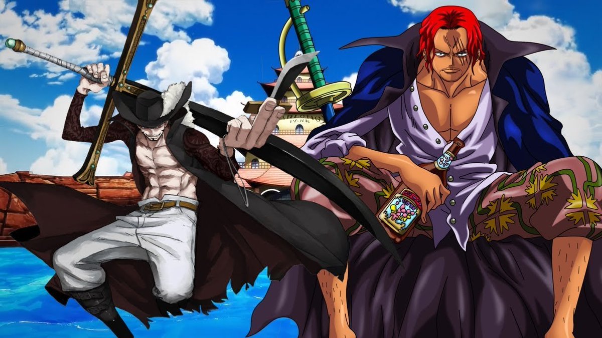 Trad : Mihawk attend quelqu'un de PLUS FORT que Shanks pour le vaincre donc cela signifie que Shanks n'est pas capable de vaincre Mihawk donc déjà l'argument " shanks > mihawk " vient d'être détruit , source : Vivre card Mihawk !