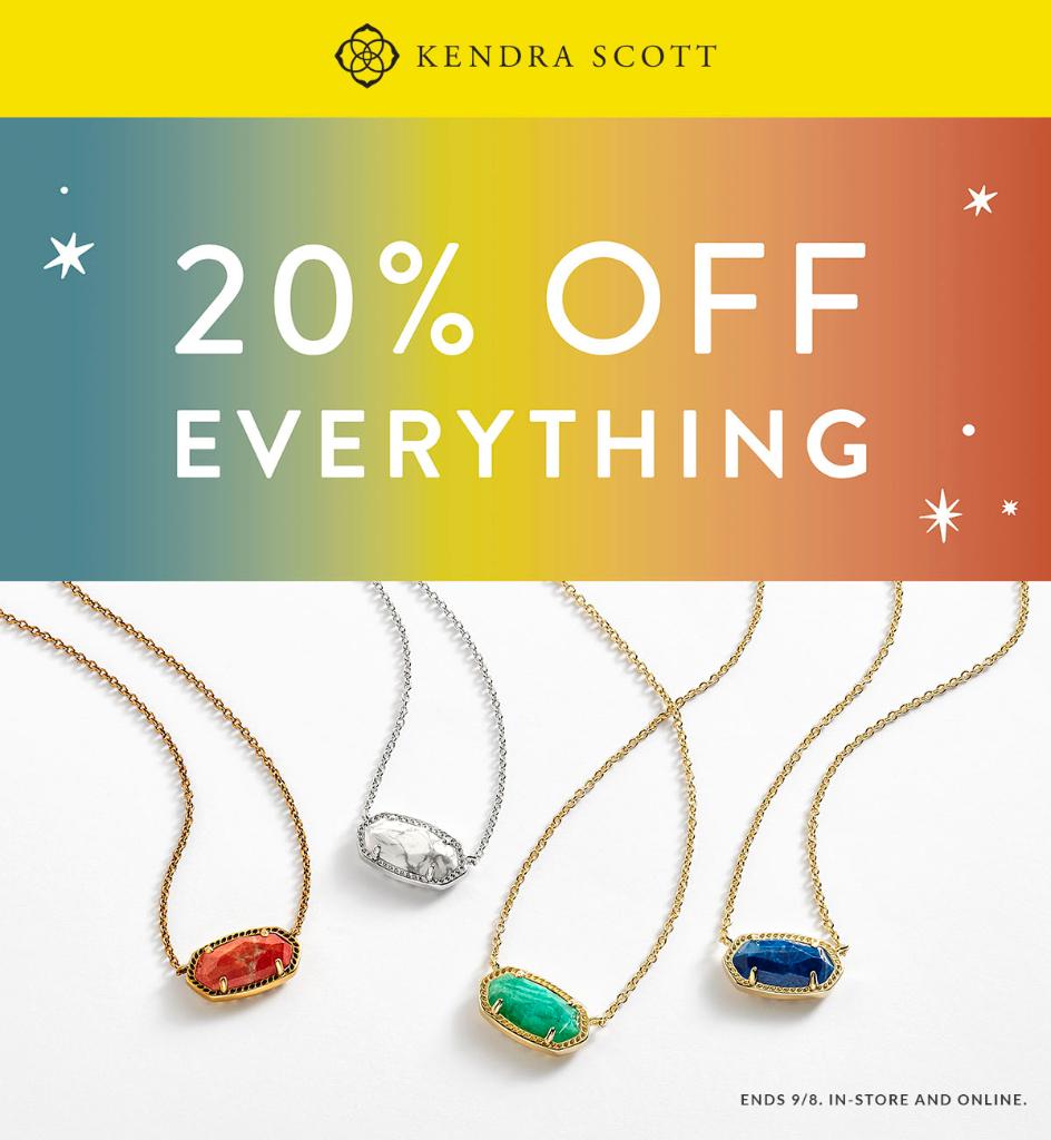 FirstColonyMall's tweet photo. Labor Day Sale @KendraScott with all purchases 20% off! Treat yourself to a mystery piece of jewelry.  See a sales associate for details. https://t.co/bCVH24XPgj