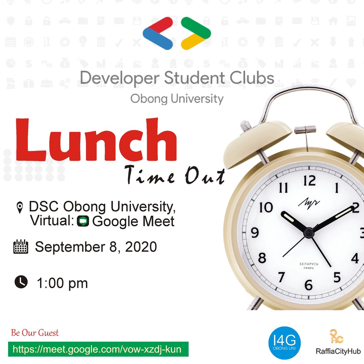DscObong's tweet photo. Hello 👋🏽 guys, keep a date with us as we have Lunch and talk about Tech virtually, DSC OBONG UNIVERSITY  will be having a Lunch 🍽  time out and you're cordially invited, be our guest
Meeting URL: https://t.co/bw5lSeO087 let's make it count guys, on the Tuesday 8 September 2020. https://t.co/hw2VLj3p7Q