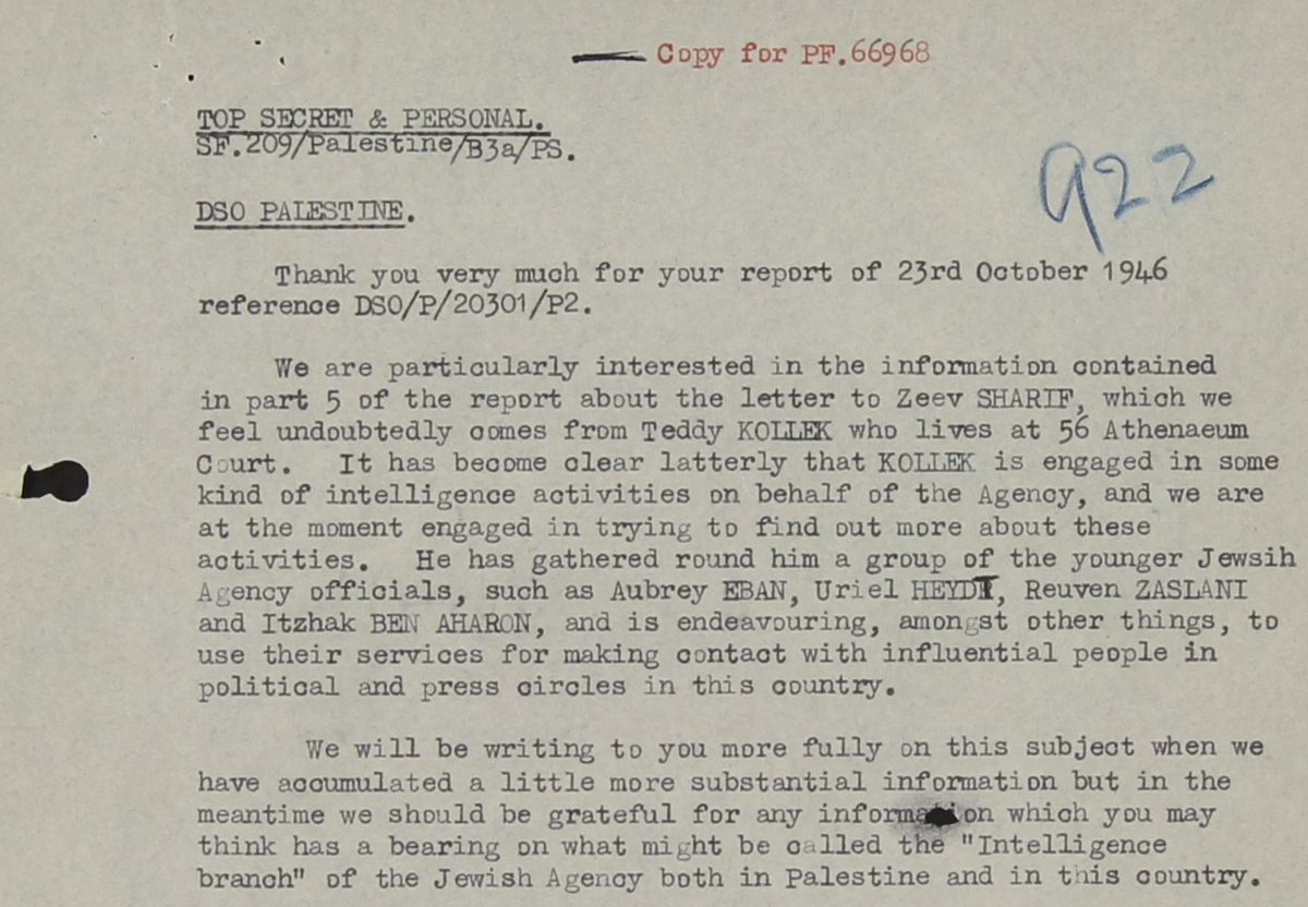 The British were aware of Kollek's intelligence role and cautious of him. They maintained surveillance on the London setup.The Defence Security Officer Palestine wrote Sir Percy Sillitoe, Director General of MI5 to tell him to watch Kollek.