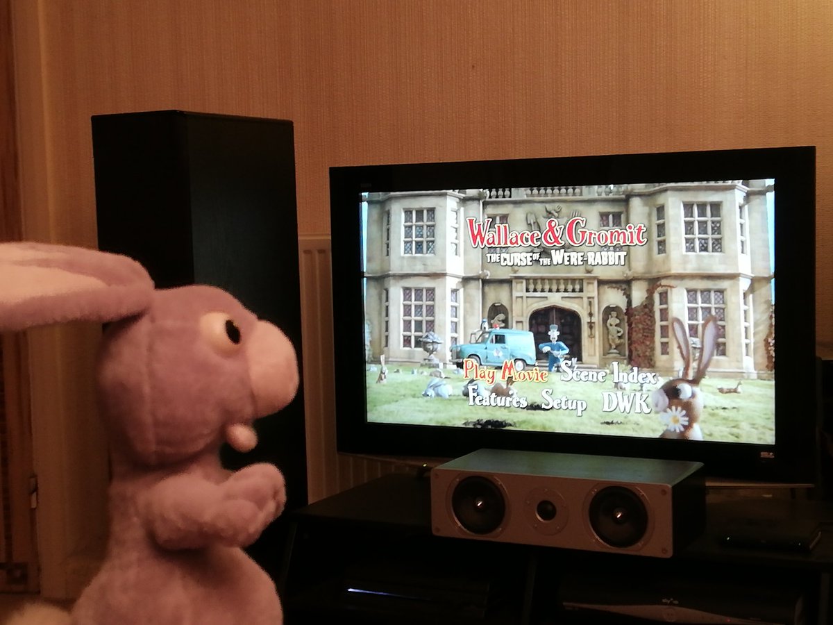 blomers's tweet photo. It was bunny's turn to decide what we watch tonight. I guess his choice was a tad predictable... #ardmananimation #ardman #wallaceandgromit #thecurseofthewererabbit #curseofthewererabbit https://t.co/fo7mPjIGf4