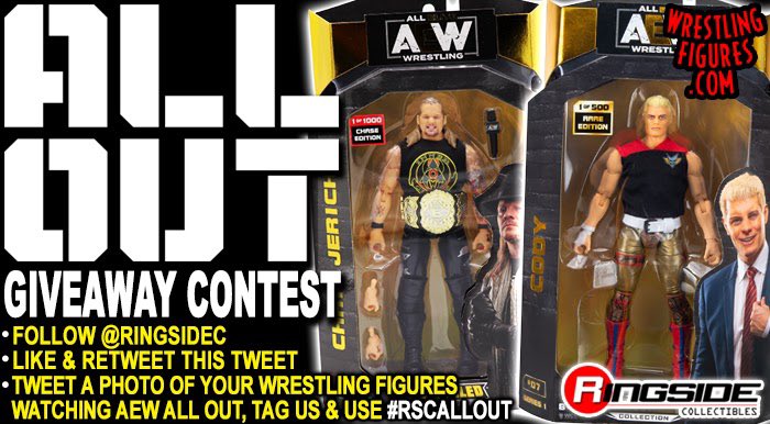 RingsideC's tweet photo. 🤩 AEW CHASE &amp; RARE FIGURE GIVEAWAY 🤩

Enter our #AEWAllOut Giveaway Contest! We will select TWO WINNERS! One will win a Chase 1/1000 #AEWUnrivaled #ChrisJericho and the other will a Rare 1/500 #CodyRhodes!

See image for rules to enter!

Winner announced 9/8 

#RSCALLOUT  #AEW https://t.co/aBMv2nC8OQ