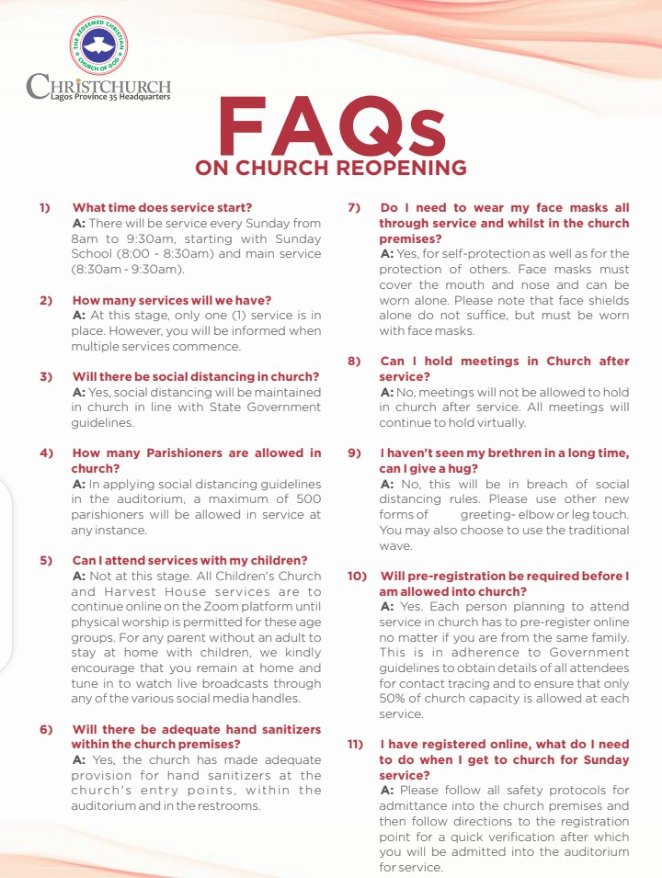 ChristChurch_NG's tweet photo. Here are possible questions and answers as against tomorrow's service.
Please go through them and if you have any other questions do let us know.
We want to ensure you have a safe Sunday service tomorrow...
#rccg #rccgchristchurch #ChristChurchCares #welcomebacktochurch #FAQs https://t.co/qHqkYzeIRD